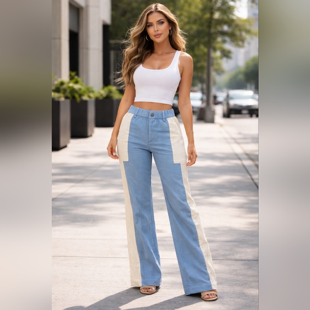 Peace Love World Blue Cream Colorblock Pants Women Size 00 Elastic Waist Casual